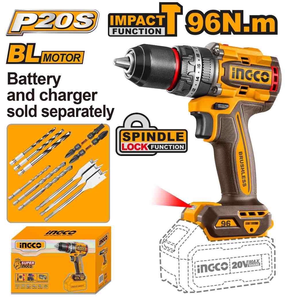 Taladro 96Nm con Percutor a Bateria 20V con accesorios (no incluye