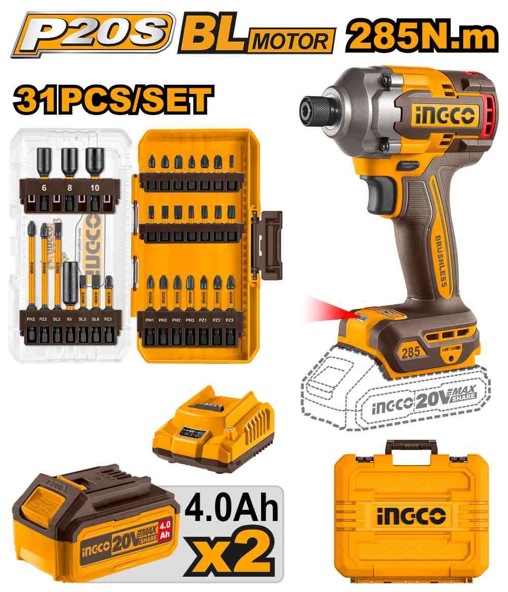 Atornillador de Impacto 20V + Kit con 2 Baterias 4.0, cargador y Plus accesorios
