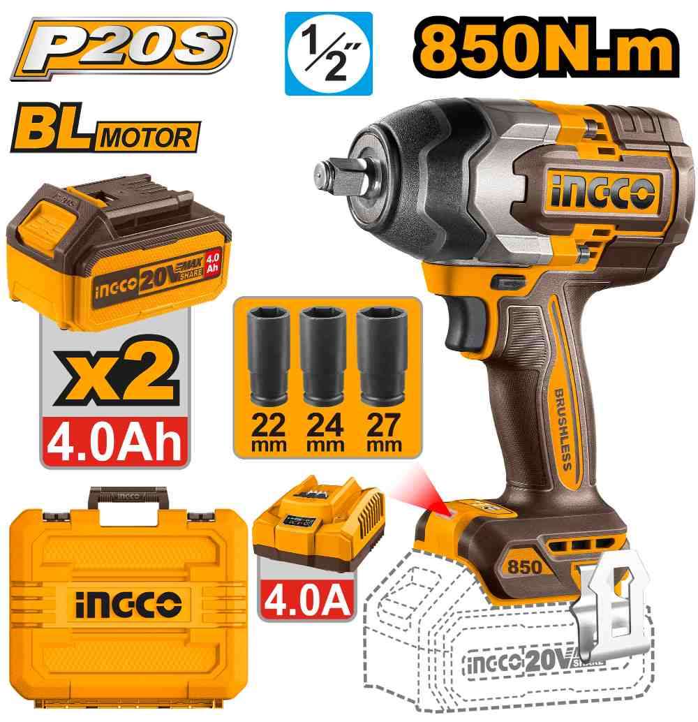 Llave de Impacto 850 Nm 20V Kit con 2 Baterias, Cargador y accesorios
